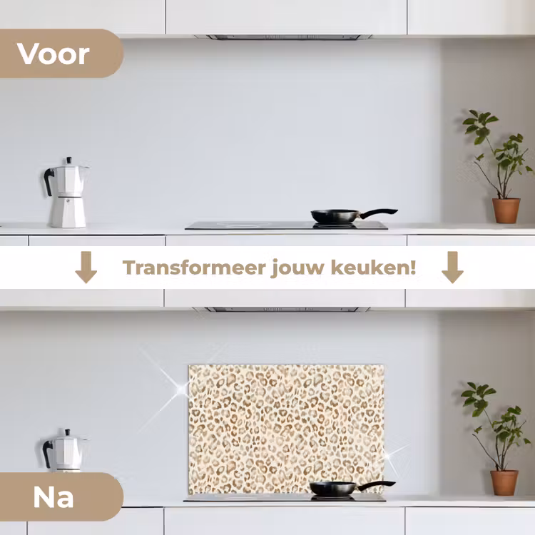 Luipaard - Klassiek - Beige keuken achterwand spatscherm klein 900 -voor_na_NL