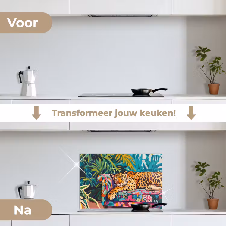 Luipaard - Kleurrijk - Tropisch keuken achterwand spatscherm klein -voor_na_NL