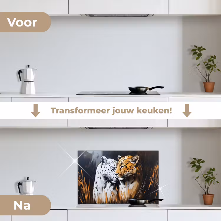 Luipaard - Oranje - Wit - Gras keuken achterwand spatscherm klein -voor_na_NL