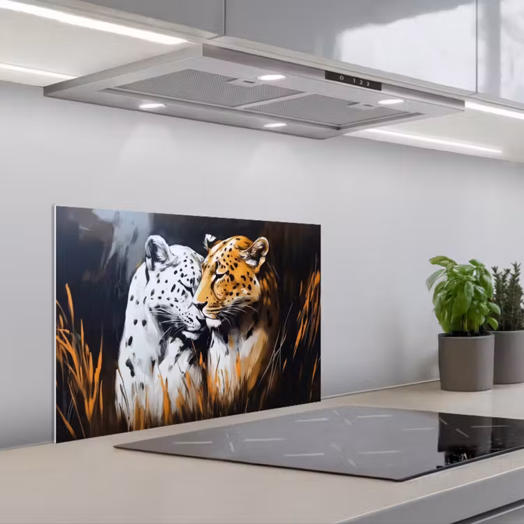 Luipaard - Oranje - Wit - Gras keuken achterwand spatscherm klein -3d_schuin
