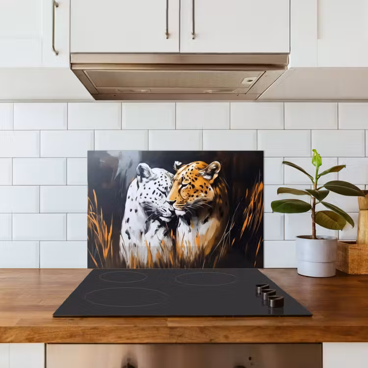 Luipaard - Oranje - Wit - Gras keuken achterwand spatscherm klein -sfeer2