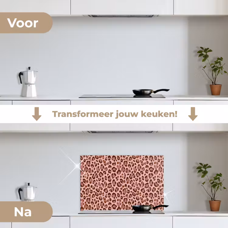 Luipaard - Patroon - Roze keuken achterwand spatscherm klein 900 -voor_na_NL