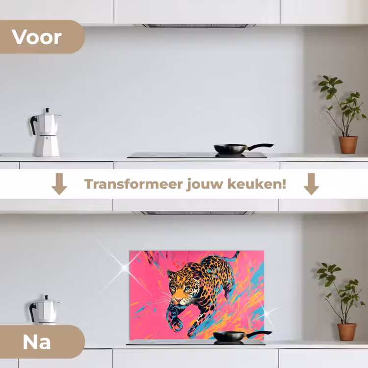 Luipaard - Roze - Oranje - Blauw - Verf keuken achterwand spatscherm klein -voor_na_NL