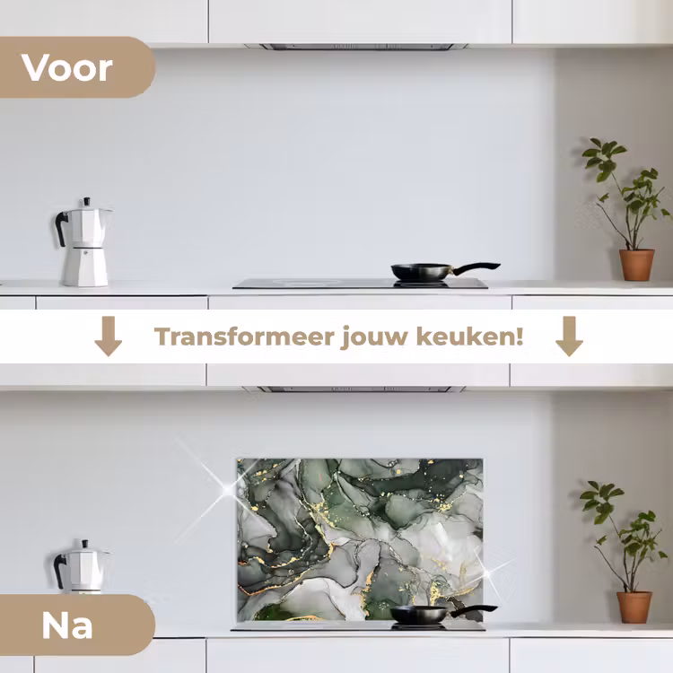 Luxe - Marmer - Groen keuken achterwand spatscherm klein -voor_na_NL