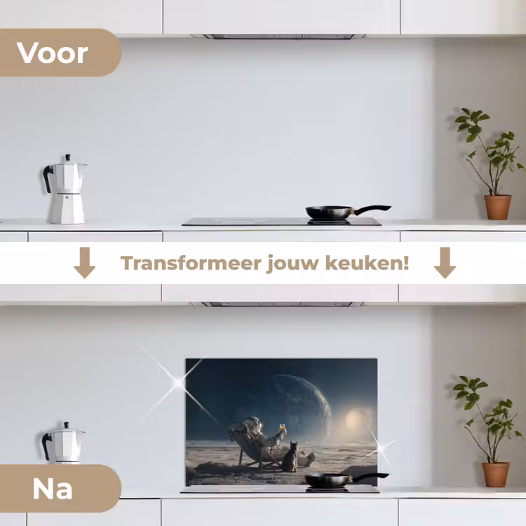 Maan - Kat - Astronaut - Ruimte keuken achterwand spatscherm klein -voor_na_NL