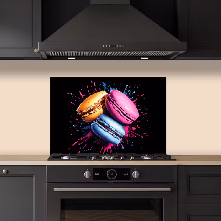 Macarons - Dessert - Graffiti - Kleurrijk - Roze - Blauw - Geel keuken achterwand spatscherm klein -sfeer1
