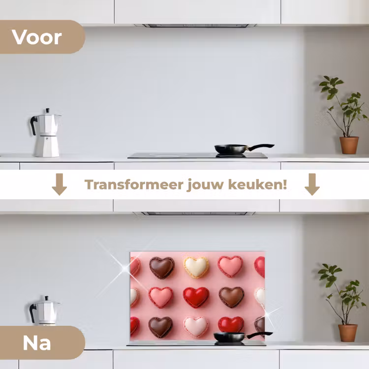 Macarons - Hartjes - Kleurrijk - Roze keuken achterwand spatscherm klein -voor_na_NL