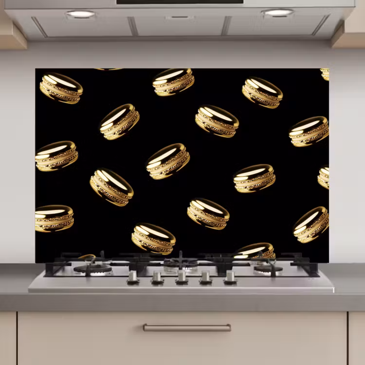 Macarons - Patroon - Goud - Zwart keuken achterwand spatscherm klein -3d_website