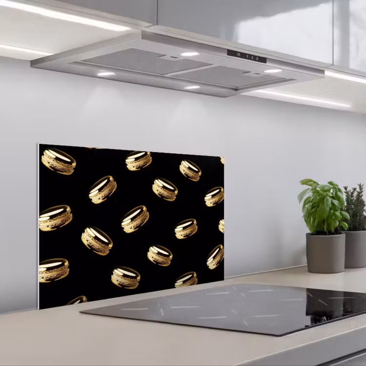 Macarons - Patroon - Goud - Zwart keuken achterwand spatscherm klein -3d_schuin