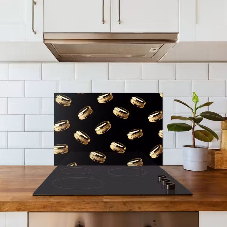 Macarons - Patroon - Goud - Zwart keuken achterwand spatscherm klein -sfeer2
