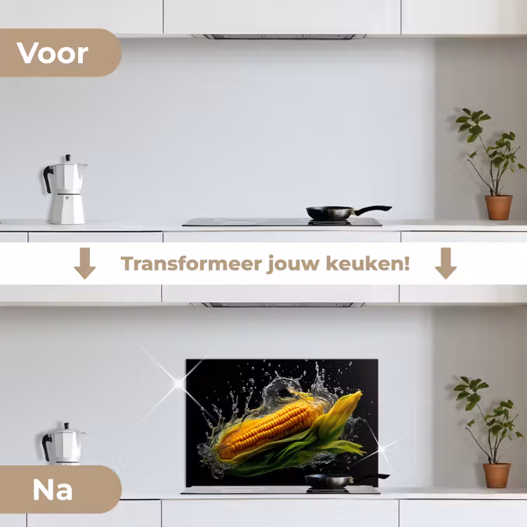 Maïs - Groente - Planten - Zwart - Water keuken achterwand spatscherm klein -voor_na_NL