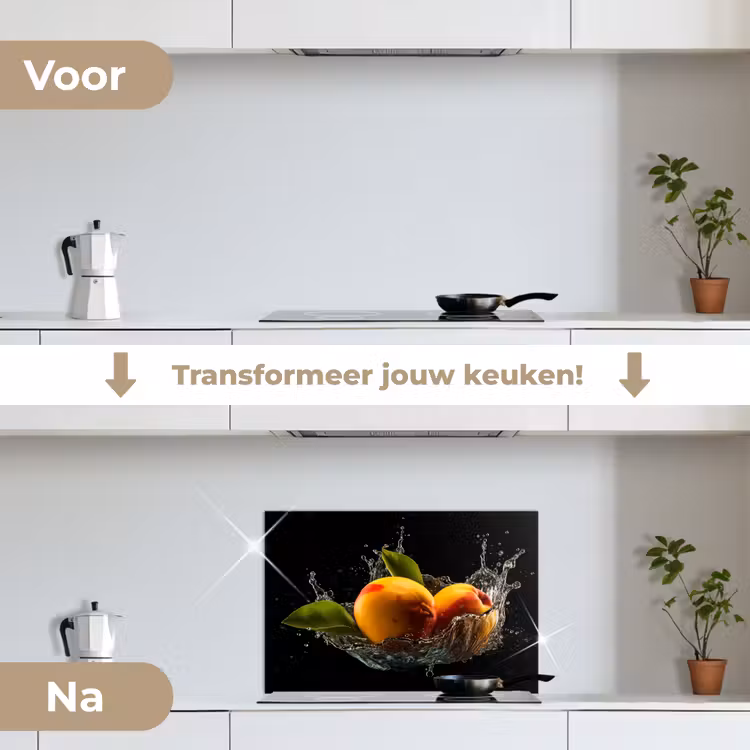 Mango - Fruit - Water - Zwart - Bladeren keuken achterwand spatscherm klein -voor_na_NL