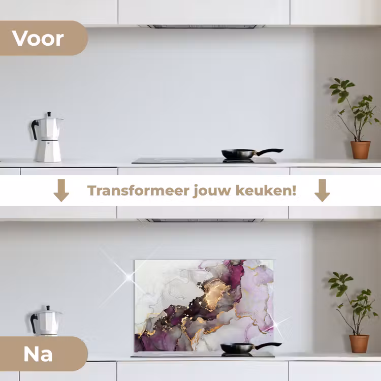 Marmer - Abstract - Goud - Paars keuken achterwand spatscherm klein -voor_na_NL