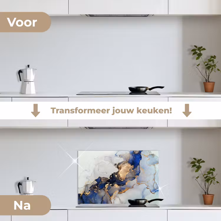 Marmer - Blauw - Goud keuken achterwand spatscherm klein -voor_na_NL