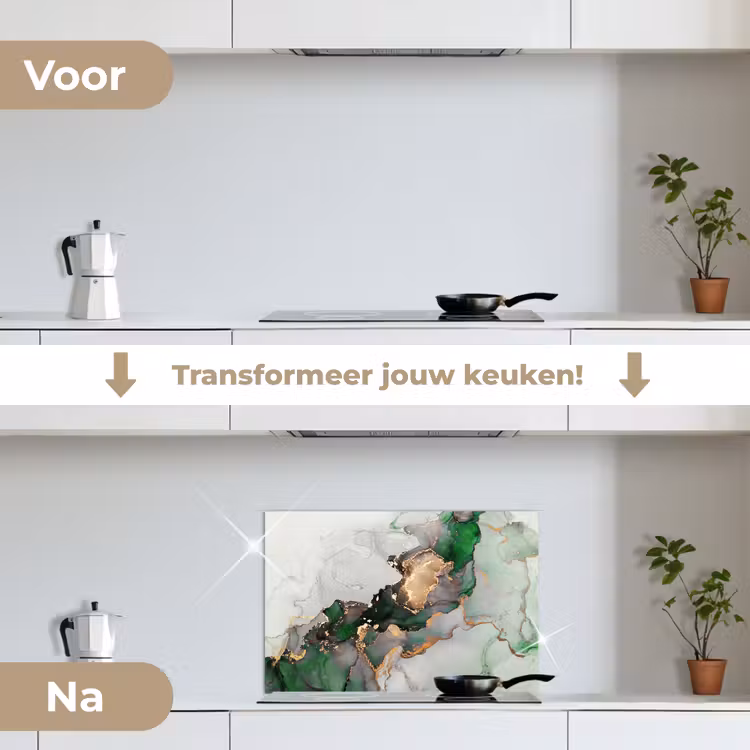 Marmer - Goud - Groen - Luxe keuken achterwand spatscherm klein -voor_na_NL