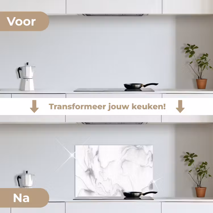 Marmer - Grijs - Wit - Abstract - Marmerlook keuken achterwand spatscherm klein -voor_na_NL
