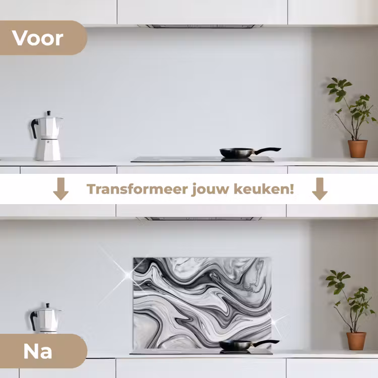 Marmer - Patronen - Grijs - Marmerlook - Zwart keuken achterwand spatscherm klein -voor_na_NL