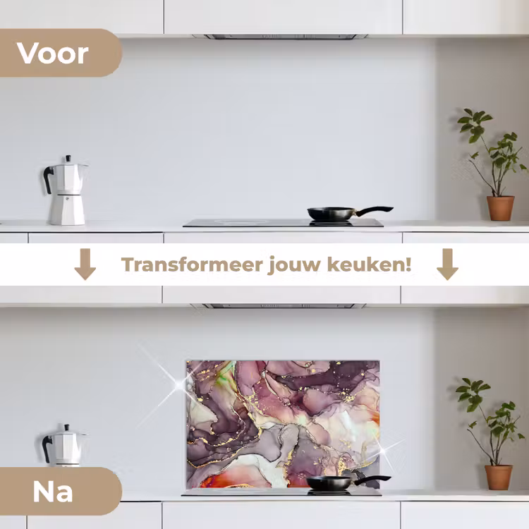 Marmer - Rood - Paars - Goud keuken achterwand spatscherm klein -voor_na_NL