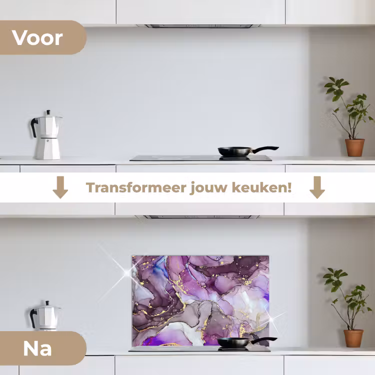 Marmer - Roze - Paars - Gold keuken achterwand spatscherm klein -voor_na_NL