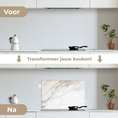 Marmer - Steen - Wit - Goud - Marmerlook - Steen - Luxe keuken achterwand spatscherm klein -voor_na_NL