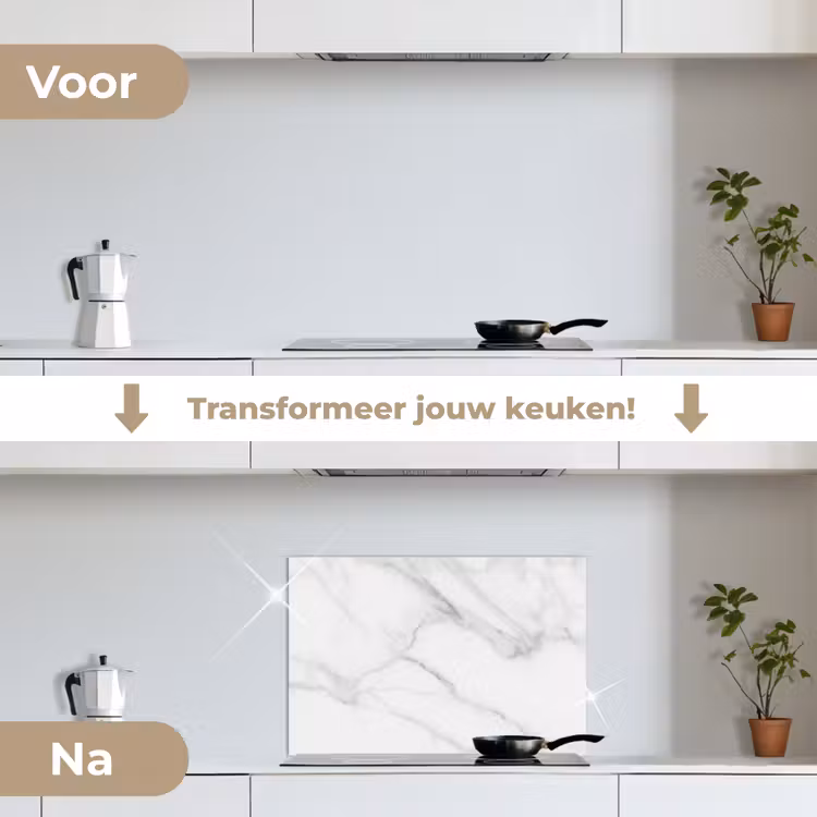 Marmer - Structuur - Wit - Grijs - Steen - Marmerlook keuken achterwand spatscherm klein -voor_na_NL