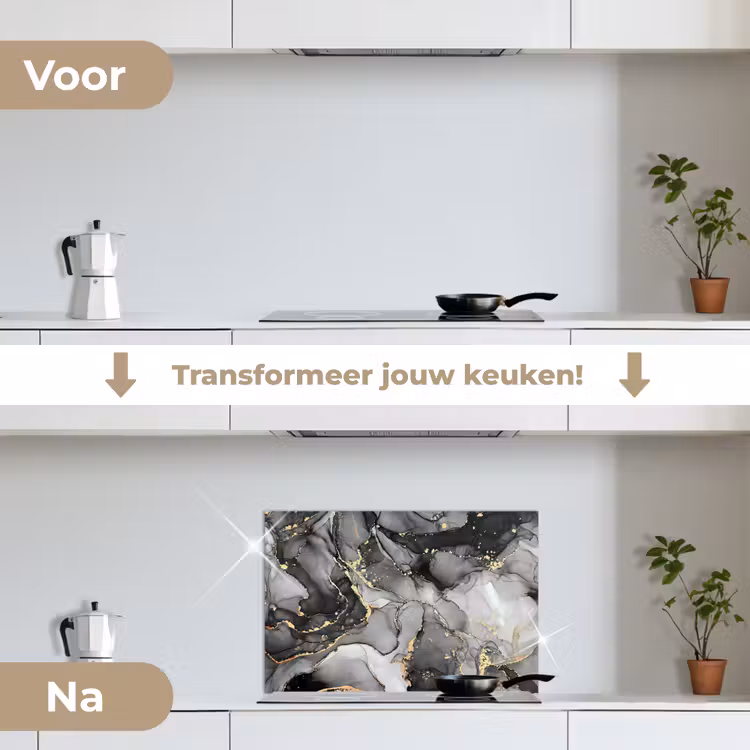 Marmer - Zwart - Goud - Grijs keuken achterwand spatscherm klein -voor_na_NL