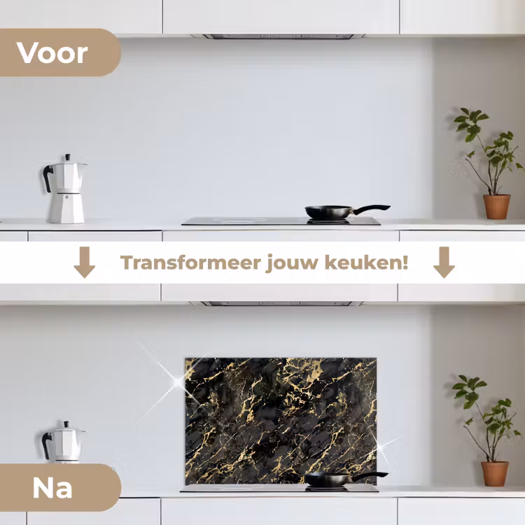 Marmer - Zwart - Goudstructuur keuken achterwand spatscherm klein 900 -voor_na_NL