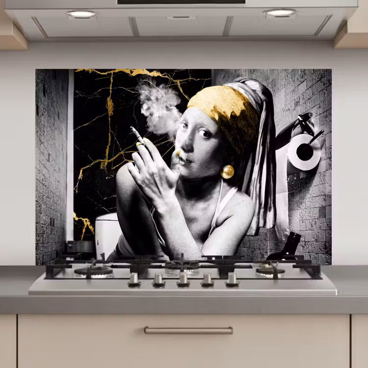 Marmerlook - Meisje met de parel - Sigaretten - Toilet - Goud - Kunst - Oude meesters keuken achterwand spatscherm klein -3d_website