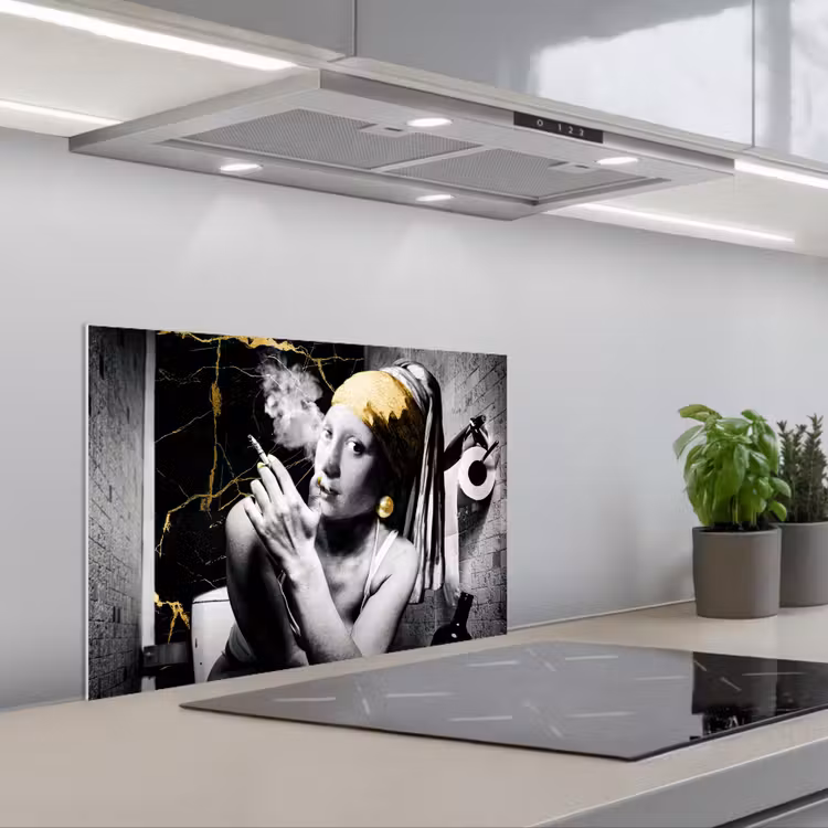Marmerlook - Meisje met de parel - Sigaretten - Toilet - Goud - Kunst - Oude meesters keuken achterwand spatscherm klein -3d_schuin