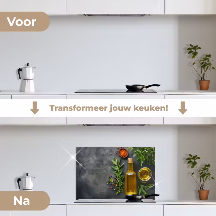 Mediterrane Keukenessenties keuken achterwand spatscherm klein -voor_na_NL