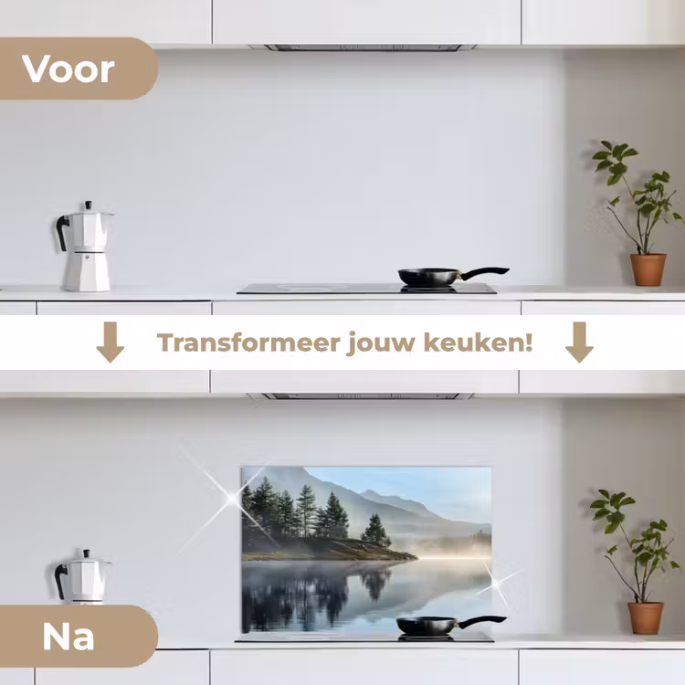 Meer - Mist - Bergen - Landschap keuken achterwand spatscherm klein -voor_na_NL
