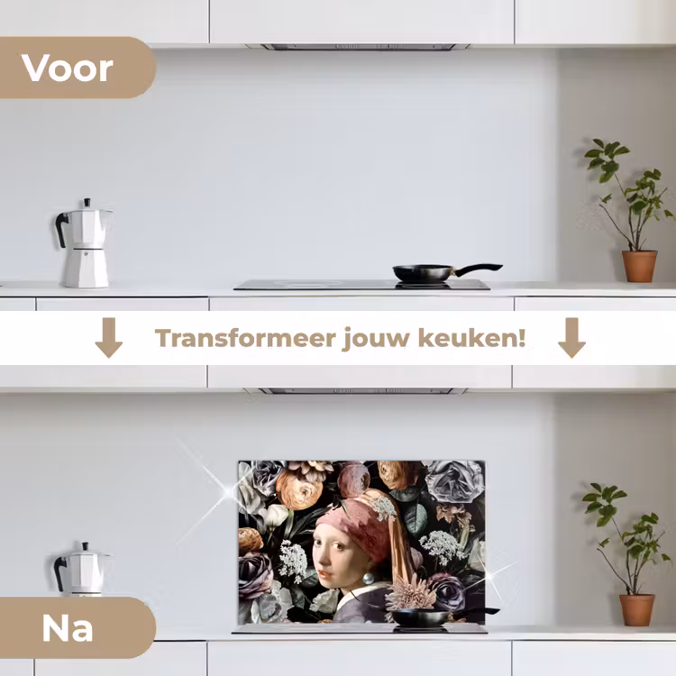 Meisje met de parel - Bloemen - Vermeer - Pastel - Kunstwerk - Schilderij - Oude meesters keuken achterwand spatscherm klein -voor_na_NL