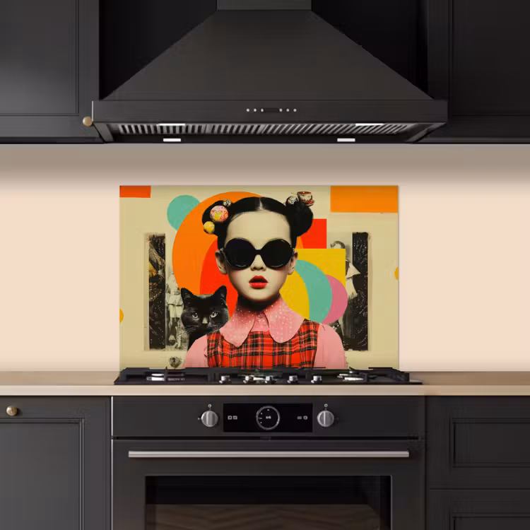Meisje - Zonnebril - Kat - Retro keuken achterwand spatscherm klein -sfeer1