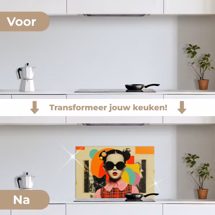 Meisje - Zonnebril - Kat - Retro keuken achterwand spatscherm klein -voor_na_NL