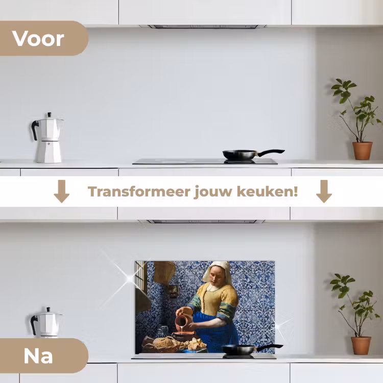 Melkmeisje - Delfts Blauw - Vermeer - Schilderij - Oude meesters keuken achterwand spatscherm klein -voor_na_NL