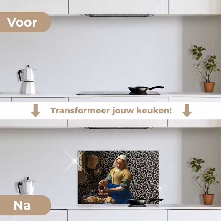 Melkmeisje - Kunst - Panterprint - Vermeer - Schilderij - Oude meesters keuken achterwand spatscherm klein -voor_na_NL