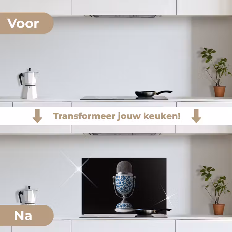 Microfoon - Delfts blauw - Muziek keuken achterwand spatscherm klein -voor_na_NL