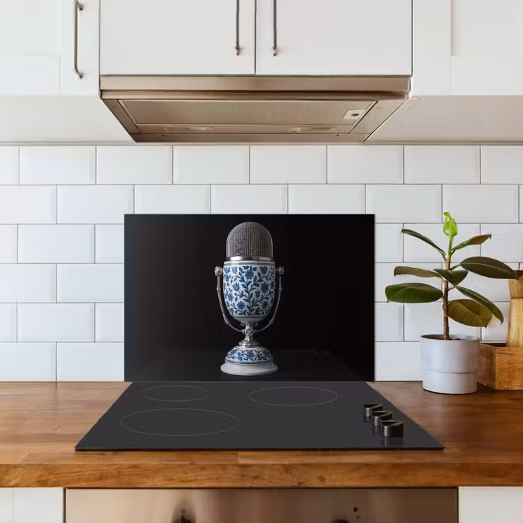 Microfoon - Delfts blauw - Muziek keuken achterwand spatscherm klein -sfeer2