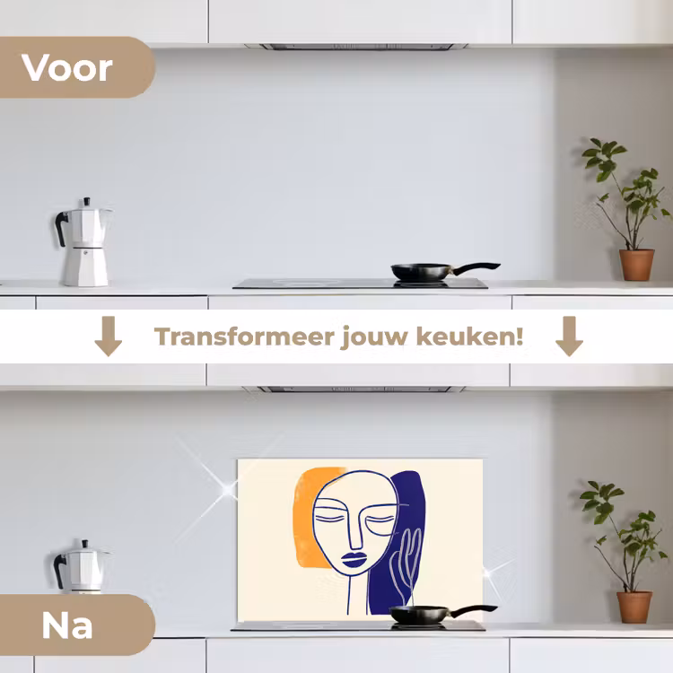 Minimalistisch - Gezicht - Hand - Oranje - Blauw keuken achterwand spatscherm klein -voor_na_NL