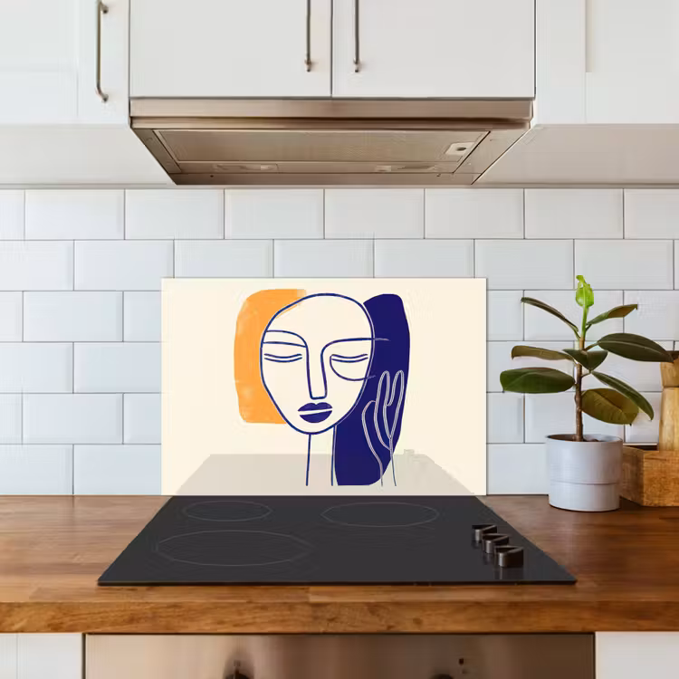 Minimalistisch - Gezicht - Hand - Oranje - Blauw keuken achterwand spatscherm klein -sfeer2