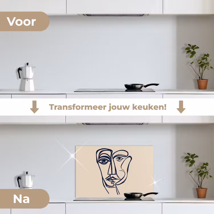 Minimalistisch - Lijnillustratie - Beige - Donkerblauw keuken achterwand spatscherm klein -voor_na_NL