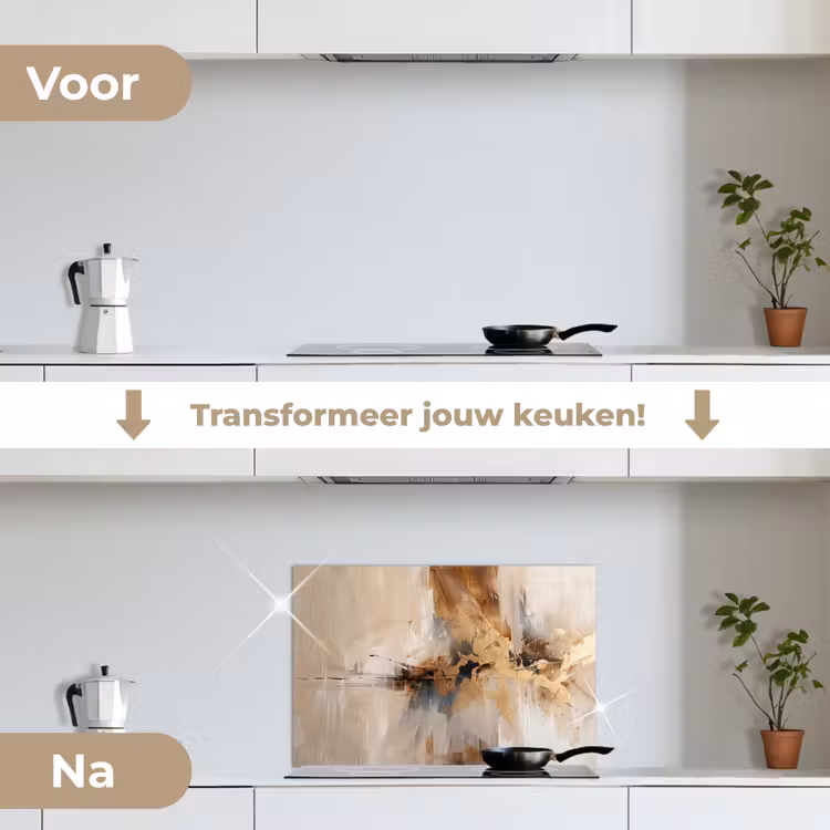 Modern - Bruin - Abstract - Beige keuken achterwand spatscherm klein -voor_na_NL