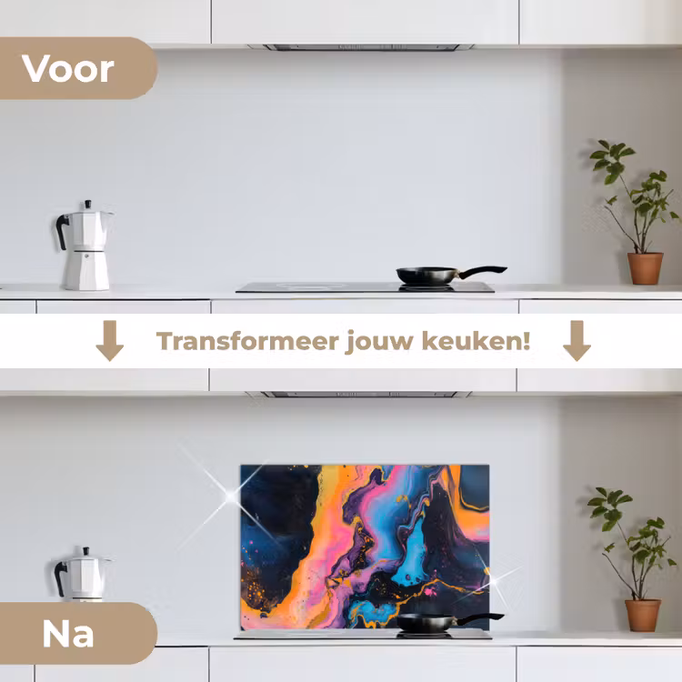 Modern - Marmer - Oranje keuken achterwand spatscherm klein -voor_na_NL