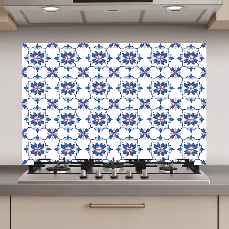 Modern - Patroon - Blauw - Roze keuken achterwand spatscherm klein 900 -3d_website