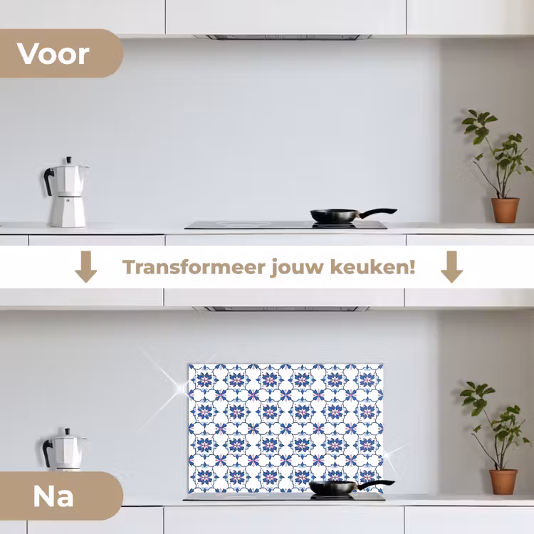 Modern - Patroon - Blauw - Roze keuken achterwand spatscherm klein 900 -voor_na_NL