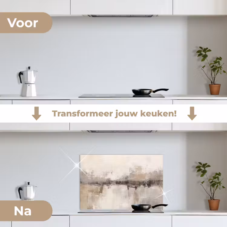 Moderne kunst - Abstract - Beige keuken achterwand spatscherm klein -voor_na_NL