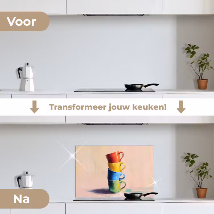 Mokken - Gestapeld - Keramiek - Kleurrijk keuken achterwand spatscherm klein -voor_na_NL
