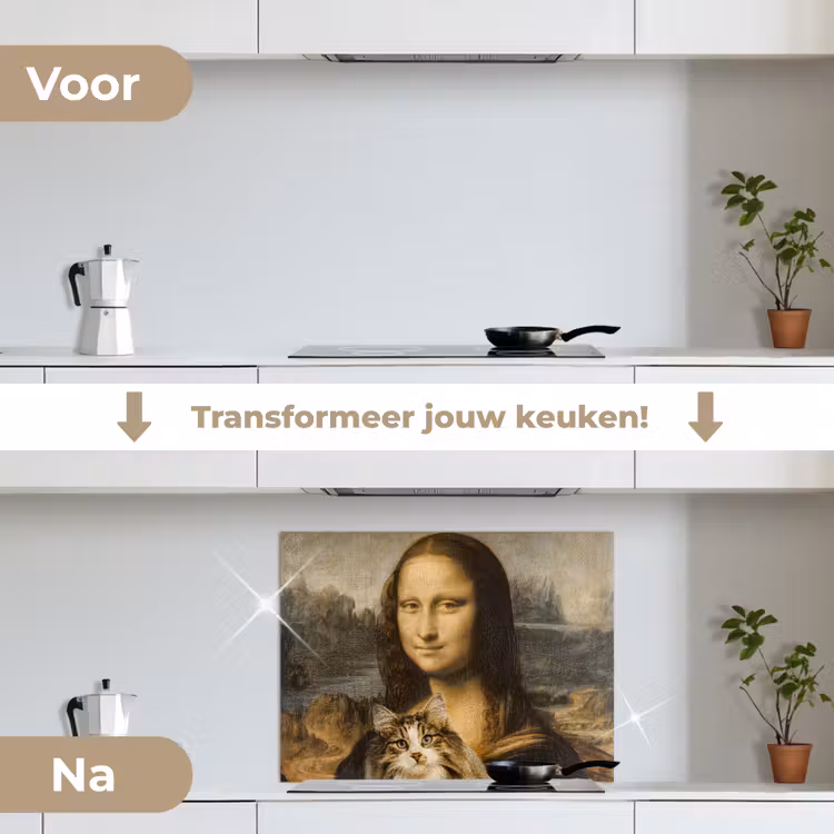 Mona Lisa - Kat - Leonardo da Vinci - Vintage - Kunstwerk - Oude meesters - Schilderij keuken achterwand spatscherm middel -voor_na_NL