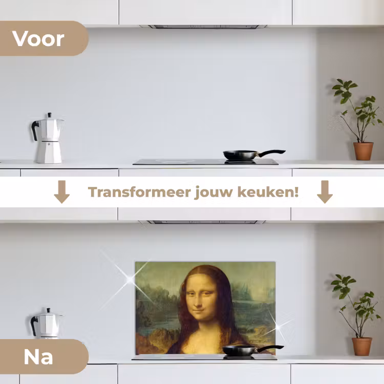 Mona Lisa - Leonardo da Vinci keuken achterwand spatscherm klein -voor_na_NL