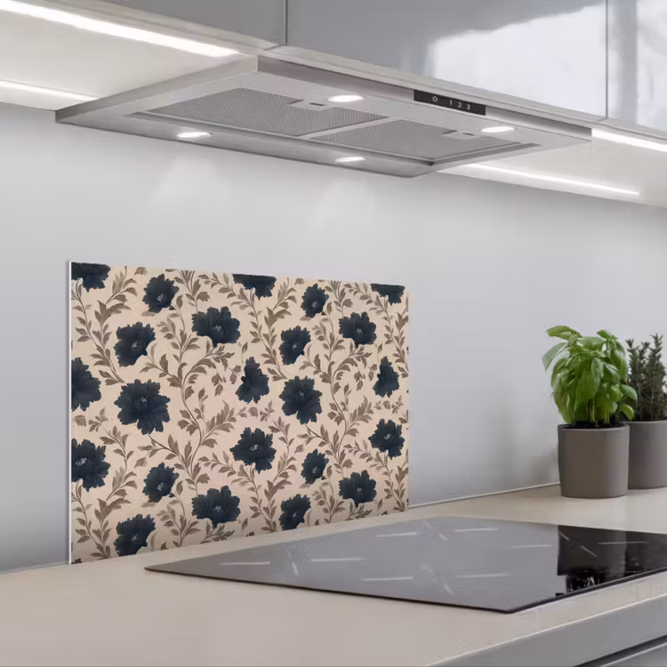 Motief - Bloemen - Zwart - Beige keuken achterwand spatscherm klein 900 -3d_schuin